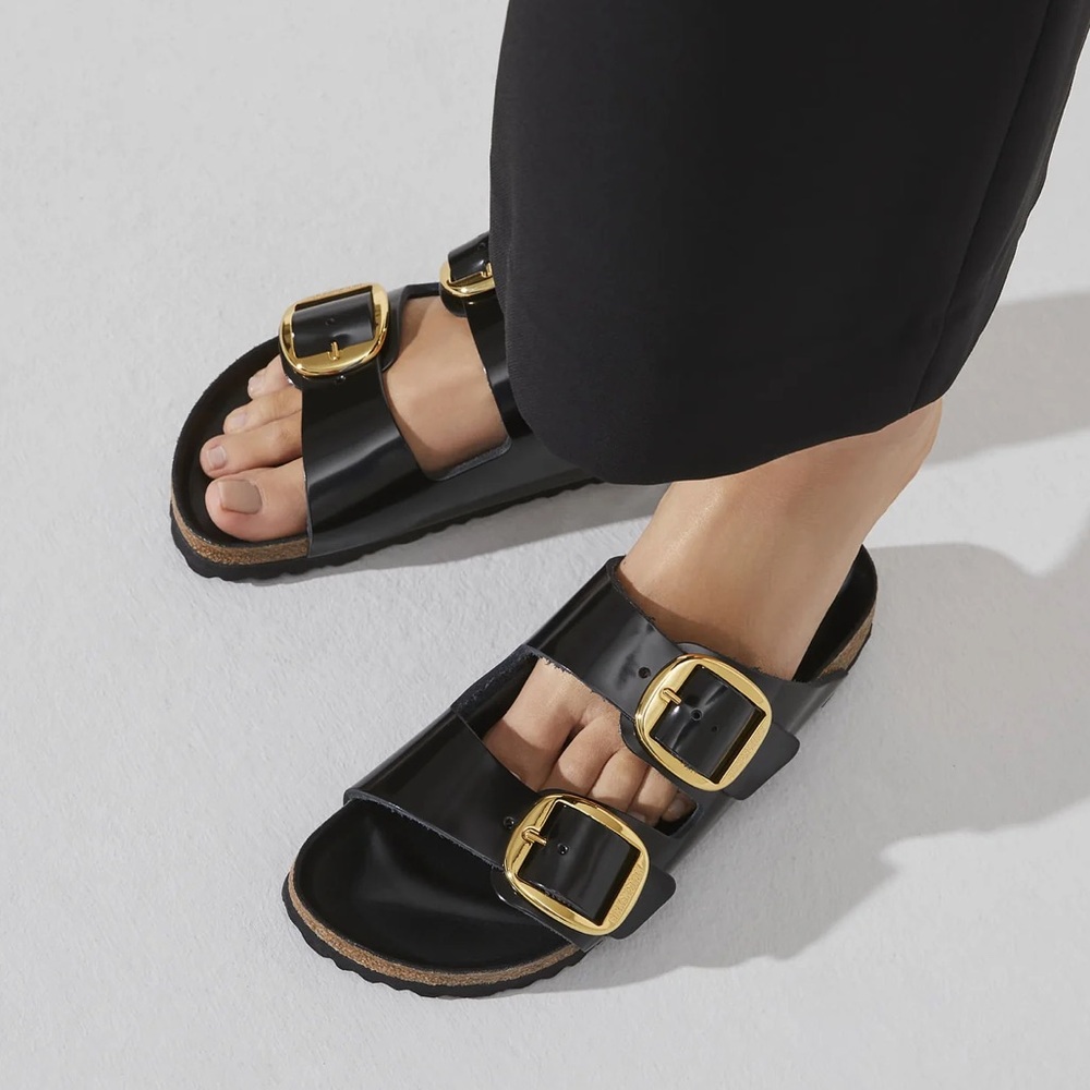 Birkenstock Arizona Big Buckle Sandals Natural Leather Patent High Shine Black - Picture 2 of 13